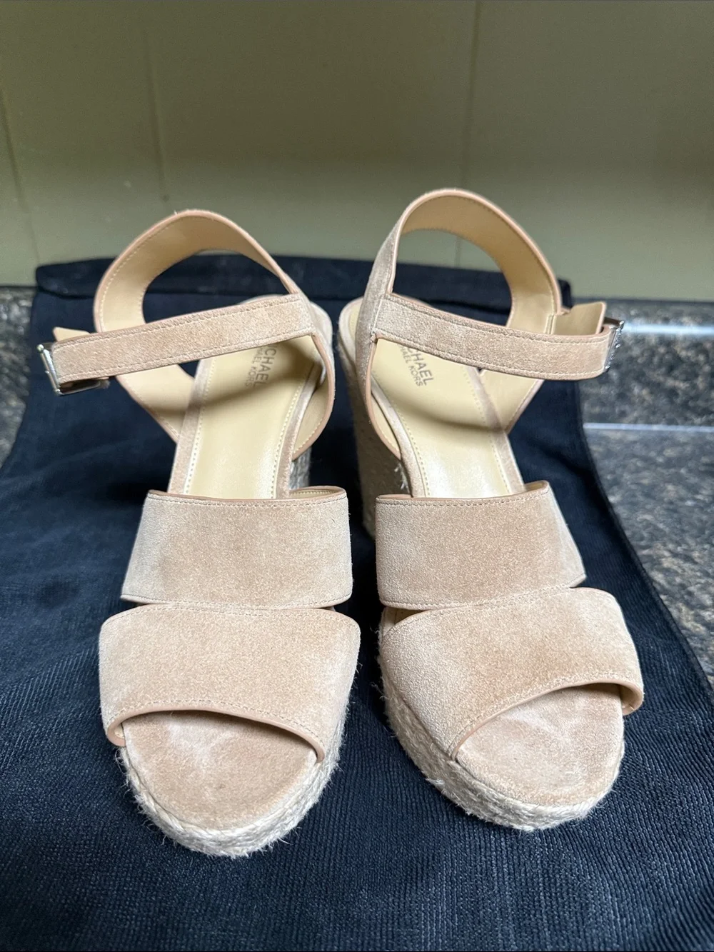 Michael Kors Neutral Beige Suede Espadrille Wedge Sandals